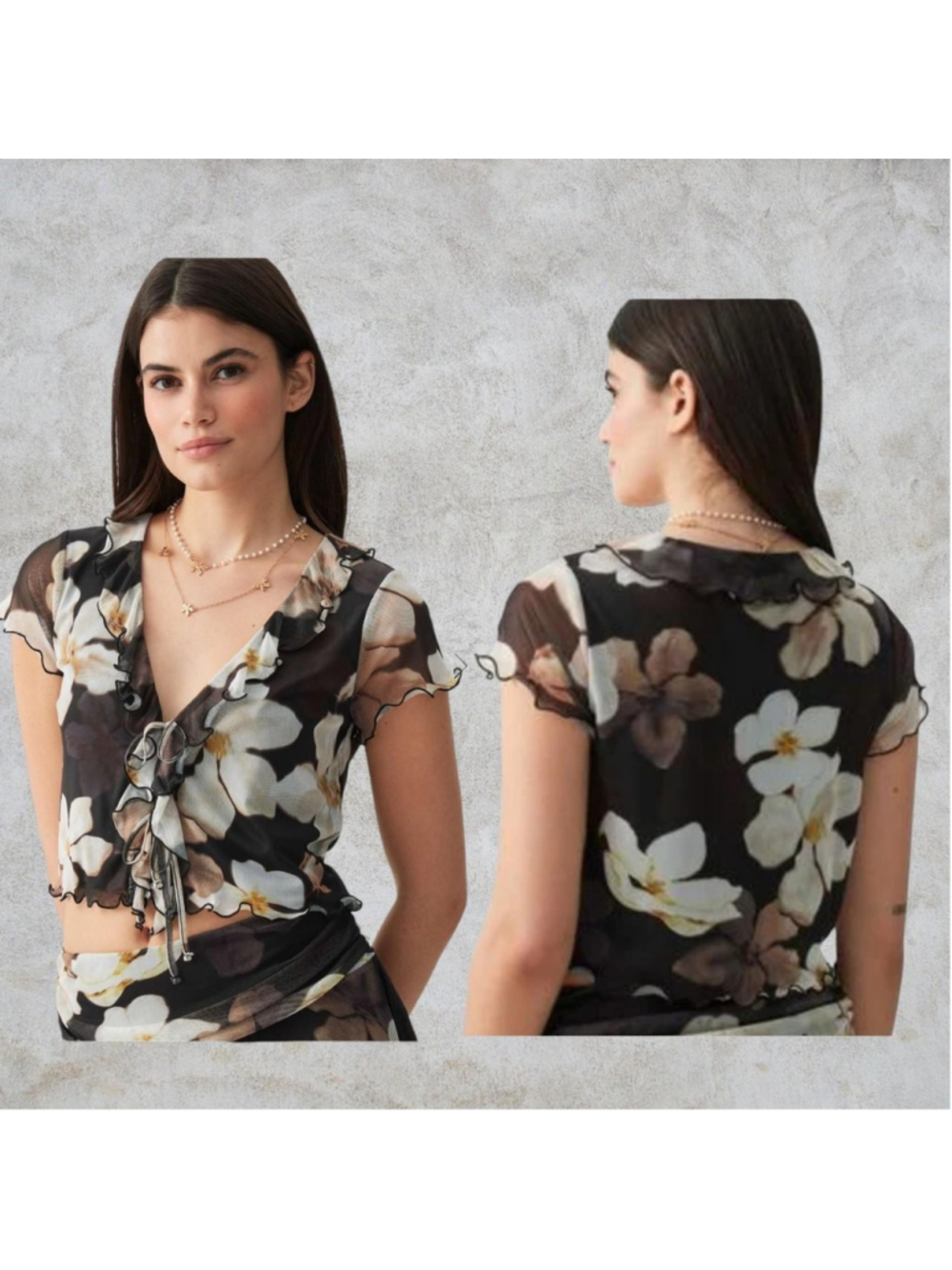 Ardene Black Floral Y2K Sheer Blouse Ruffle Tie Front - Picture 4 of 10